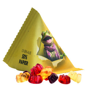 Fruchtgummi Tetraeder, Folie mit ca. 50% Papieranteil, weiß, Trolli Fruchtgummibären, 30% Fruchtsaftqualität